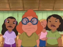 a group of cartoon characters are standing next to each other and one of them is wearing glasses