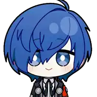 a cartoon drawing of a person with blue hair and a red pocket