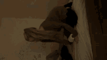 a woman is laying on a bed in a dark room with her hair blowing in the wind .