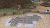 a screenshot of a minecraft game shows a person in a red shirt standing next to a person in a blue shirt
