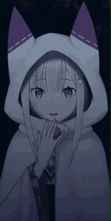 a girl with white hair and purple eyes is wearing a hooded cape