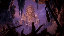 a castle in the middle of a cave with a purple sky