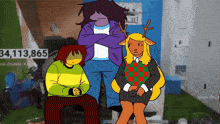 a group of cartoon characters standing next to each other with the number 34,113,865 behind them