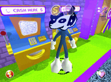 a cartoon character in front of a cash here sign