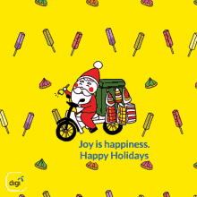 a cartoon of santa riding a motorcycle with the words joy is happiness happy holidays