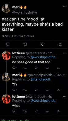 a screenshot of a conversation between mari and lottiee on twitter