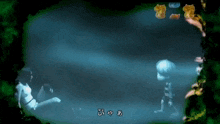 a video game screen shows a man and a woman in a dark cave