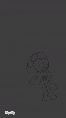 a black and white drawing of a cartoon character with a flame on his shirt