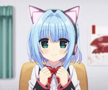 a blue haired anime girl wearing a cat ear headband