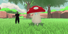 a man in a black suit stands next to a mushroom costume