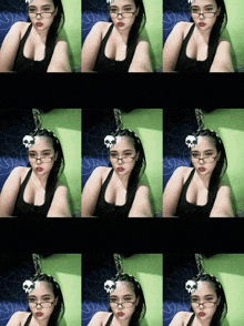 a collage of images of a woman wearing glasses and a skull on her head