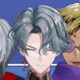 a close up of a person with blue hair