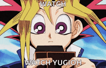 a cartoon character holding a card with the words watch yugioh on it