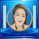 a picture of a woman in a circle with the letter i on the bottom right