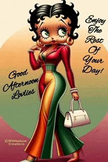 betty boop is holding a white purse and says enjoy the rest of your day