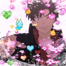 a cartoon of a man surrounded by hearts and flowers with the words picmix at the bottom