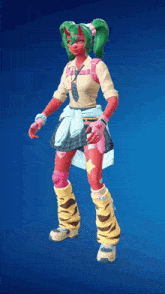 a girl with green hair and red arms and legs