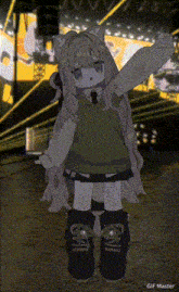 a girl with long hair and a cat ear is standing in front of a stage holding a piece of paper in her hand .