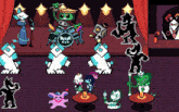 a group of cartoon characters are dancing on a stage in a pixel art scene