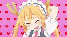 a girl in a maid costume with horns is surrounded by hearts .