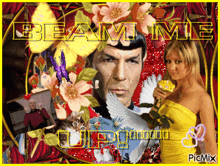 a picture of a man and a woman with the words " beam me " on the bottom