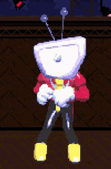 a pixel art of a cartoon character with a head that looks like a tv .