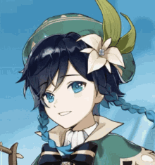 a cartoon character with a flower in his hair and braided hair