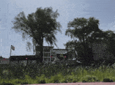 a building with a sign that says ' a ' on it is surrounded by tall grass