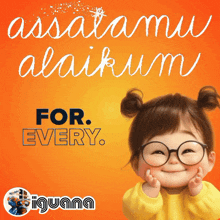 a little girl wearing glasses is smiling in front of a sign that says " for every "