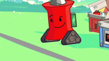 a cartoon drawing of a red trash can with a face
