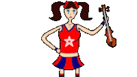 a girl with pigtails is holding a violin