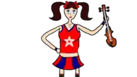 a girl with pigtails is holding a violin