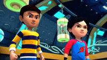 two cartoon characters standing next to each other with one wearing a shirt that says s on it