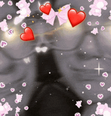 a woman wearing glasses is surrounded by pink hearts and teddy bears