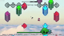 a cartoon character is playing a video game with arrows pointing in opposite directions .