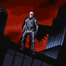 a skeleton with a bat wing is standing on top of a building with lightning coming from the sky