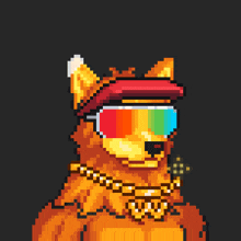 a pixel art illustration of a dog wearing sunglasses and a hat