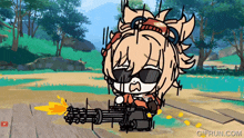 a cartoon of a girl holding a gun with a gifrun.com watermark