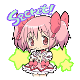a little girl with pink hair and a bow on her head is standing next to a star and the word secret .