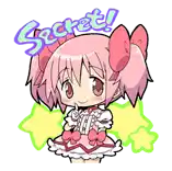 a little girl with pink hair and a bow on her head is standing next to a star and the word secret .
