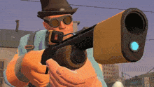 a man wearing a top hat and goggles holds a shotgun