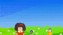 a cartoon drawing of a girl standing in a field of flowers