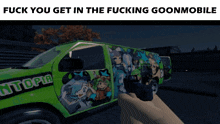 someone is holding a gun next to a green van that says utopia