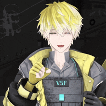 a man with yellow hair is wearing a vest with the letters v5f on it
