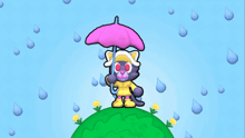 a cartoon cat holding a pink umbrella on a hill