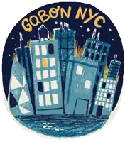 a drawing of a city skyline with the words gobon nyc on the bottom