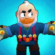a cartoon character with a beard and mustache is wearing suspenders and gloves .