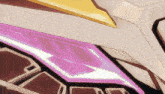 a close up of a purple and white object with a yellow triangle in the background