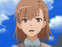 a close up of a girl 's face with the words i 'm stepping in now
