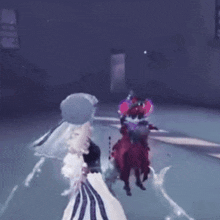 a woman in a wedding dress is standing next to a man in a red dress .